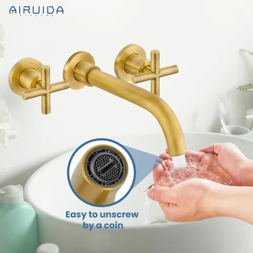 Vista 7 de Airuida Grifo de baño de latón macizo con boquilla giratoria 360, grifo mezclador de lavabo con válvula áspera y asas cruzadas dobles de latón Latón