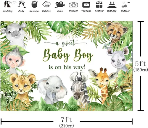 Vista 3 de Telón de fondo de 7 x 5 pies con diseño de animales de safari de la selva para baby shower, baby shower, para bebé, niño está en camino, es un niño