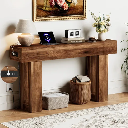 Vista 10 de Mesa consola de 63 pulgadas de largo con salidas y puertos USB, mesa rectangular estrecha para sofá detrás del sofá, mesa de entrada de granja