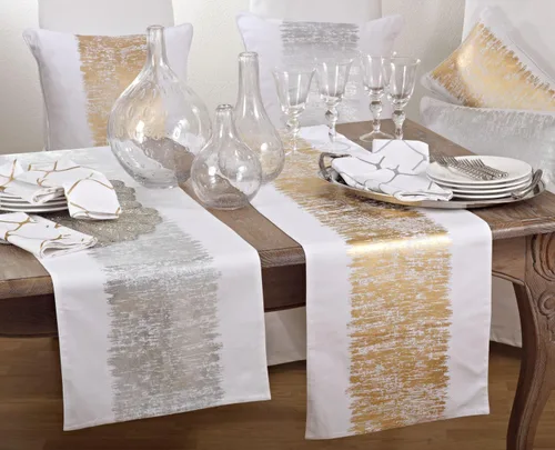 Vista 4 de SARO LIFESTYLE Agatha Collection - Camino de mesa con diseño de bandas metálicas plateadas, 16 x 72 pulgadas, rectangular, 16 x 72 pulgadas Plata