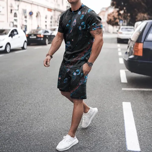 Vista 3 de EELHOE Men's 2 Piece Outfits Lightweight Relaxed Fit Short Sleeve Shirts and Printed Shorts Breathable Athletic Suit