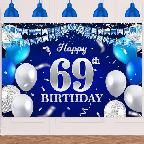 Vista 63 de Bandera de feliz primer cumpleaños con fondo azul marino, globos, confeti, bandera de rayas, luces de puntos, felicitaciones por el tema de 1 año
