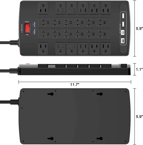 Vista 7 de QINLIANF Protector contra sobretensiones Regleta de enchufes - Cable de extensión de servicio pesado con enchufe plano de 6 pies con 24