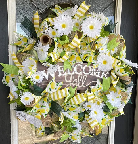 Vista 3 de XL Welcome Y'all Lemon & Daisy Summer & Spring Deco Mesh Front Door Wreath, Porch Patio Home Decor, Handmade, Unique Gift Idea for Her