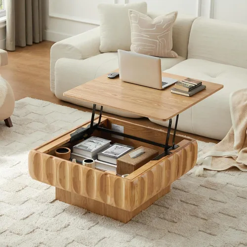 Vista 17 de Mesa de Centro con Tapa Elevable Mesas de Centro Cuadradas para Muebles de Sala de Estar Acanalada Pequeña con Gran Centro de Almacenamiento Oculto