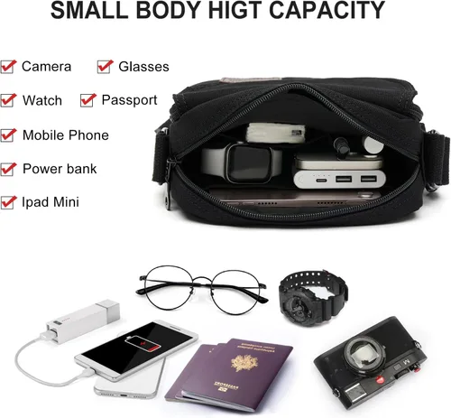 Vista 6 de Bolso cruzado pequeño para hombre, bolso de hombro de lona tipo mensajero, bolso cruzado para hombre, bolsas laterales sobre el hombro