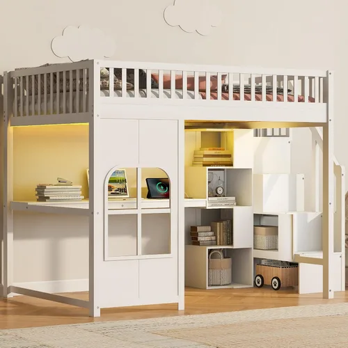 Vista 39 de Playhouse Wood Twin Size Loft Bed with Storage Staircase, Desk, Shelves