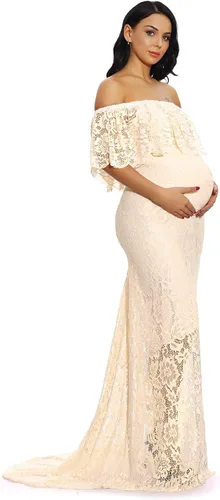 Vista 5 de ZIUMUDY Vestido de maternidad de encaje con volantes y hombros descubiertos para mujer, maxi vestido de fotografía para baby shower