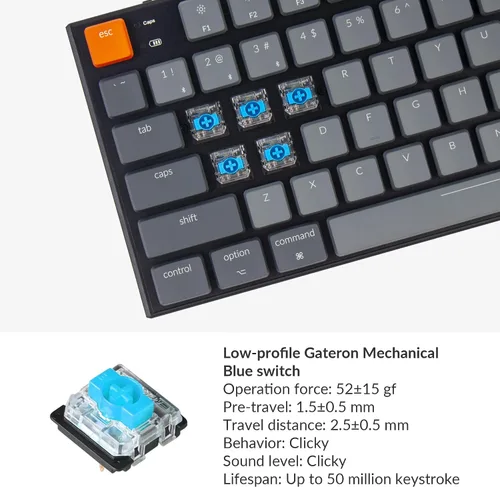 Vista 2 de Keychron Teclado mecánico para juegos K1, diseño sin llave 87 teclas ultra delgado Bluetooth inalámbricoUSB con cable con interruptor azul Gateron