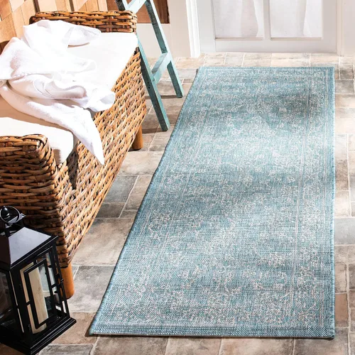 Vista 15 de SAFAVIEH Alfombra lavable al aire libre, colección Courtyard - 2'3" x 5', azul aguamarina y gris, no desprende pelusa y fácil limpieza, ideal