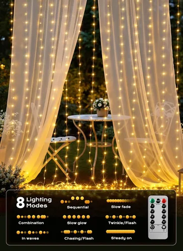 Vista 2 de Brightown - Cadena de luces de cortina con 300 LED, 3 mt de luces colgantes de hadas con control remoto, 8 modos, luces impermeables para ventanas