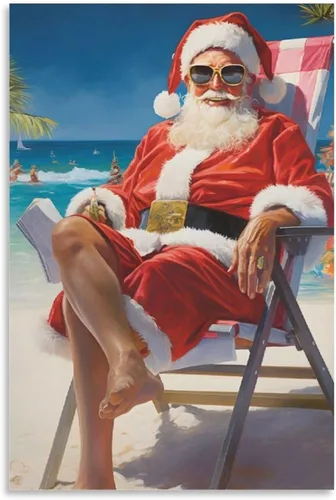 Vista 9 de LohxA Weihnachtsmann Im Urlaub - Descarga digital para Festliches Wand-Dekor - Druckbares Weihnachts-Ölge - Póster de pared en lienzo