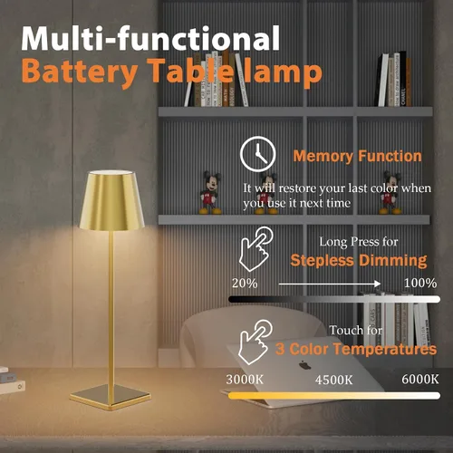 Vista 5 de Lámpara de mesa inalámbrica dorada, 5500 mAh, luz de mesa de latón, 3 temperaturas de color, regulable, recargable, para exteriores, restaurante Oro