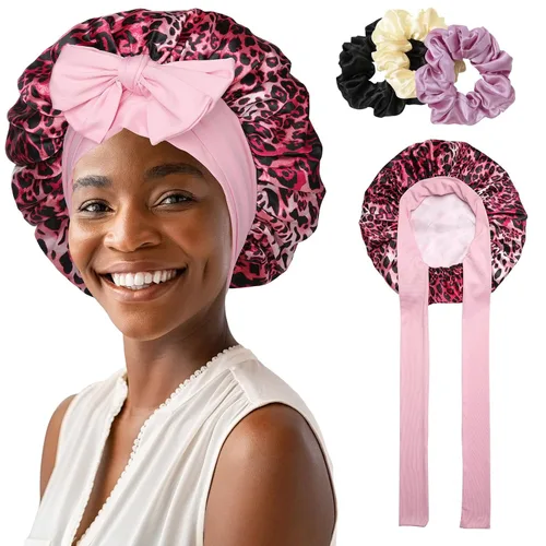 Vista 20 de Gorro de satén para mujer, con banda de amarre para el cabello, para dormir, grande de 2 capas, gorro de dormir de seda para dormir con 3 coleteros