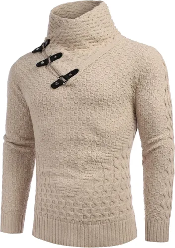 Vista 2 de COOFANDY Suéter de punto de cuello alto para hombre, manga larga, ajustado, cuello de chal