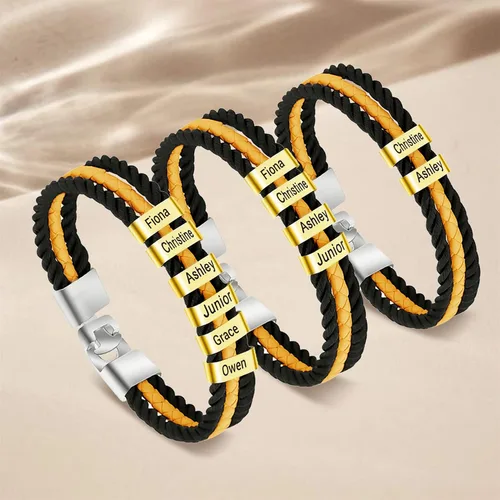 Vista 69 de Pulseras de cuero personalizadas para hombre con 1-6 nombres, pulsera trenzada personalizada con cuentas para papá, marido, día del padre, San