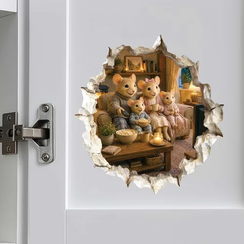 Vista 2 de Calcomanía de pared 3D con agujero para ratón, diseño de familia de ratones
