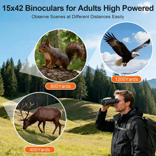 Vista 6 de Binoculares de 15 x 42 para adultos de alta potencia, binoculares portátiles ligeros Aurosports HD con adaptador de teléfono, prisma BAK4 y bolsa
