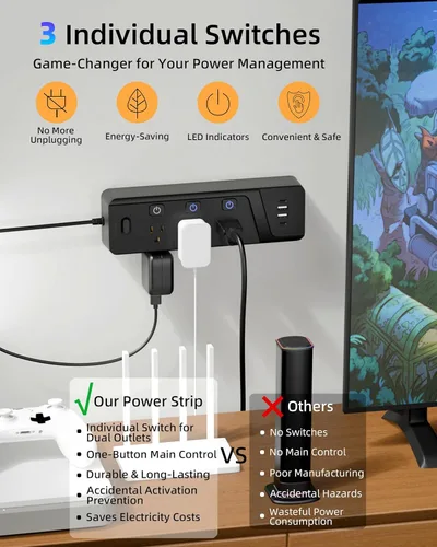 Vista 3 de Regleta protectora contra sobretensiones con interruptores individuales, 6 tomas de corriente ampliamente espaciadas con 2 USB C y 2 USB A, cable