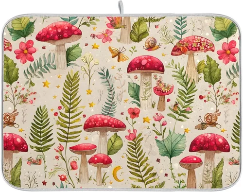 Vista 43 de Linda alfombrilla de secado de platos con hongos y plantas silvestres para encimera de cocina, almohadilla absorbente de microfibra, mediana 16x18