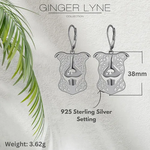 Vista 5 de Pitbull - Juego de collar de plata de ley y aretes colgantes por Ginger Lyne Ears Down Puppy Dog Pet Pendant Box Chain Doggie Animal Paw Print Heart