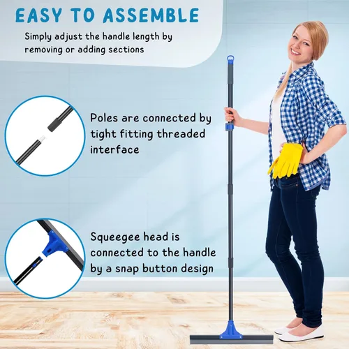 Vista 6 de Escurridor de Piso con Mango Telescópico Largo de 59'', Escoba de Goma Resistente de 18" para Hormigón, Azulejos de Baño, Garaje, Terraza