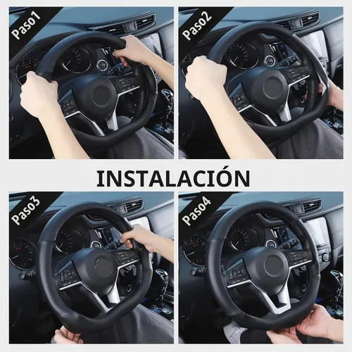 Vista 5 de SEG Direct Funda para volante de coche con fondo plano, forma D, 14 1/2-15 pulgadas (37-39 cm), cuero de microfibra negro