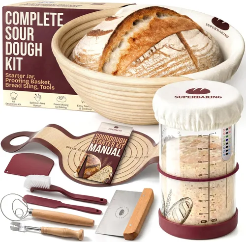 Vista 11 de Superbaking Sourdough Banneton Bread Proofing Basket, 9" Round, Set of 2 Sin astillas, forro antiadherente, kit de inicio de masa madre, suministros