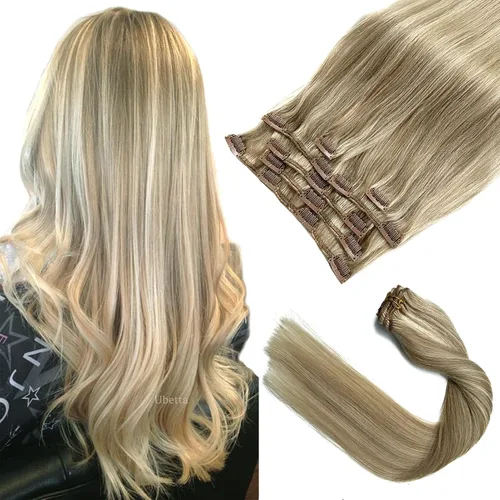 Vista 8 de Extensiones de cabello con clip Ubetta de cabello humano real, extensiones de cabello negro azabache con clip, 7 piezas, 70 g, extensiones
