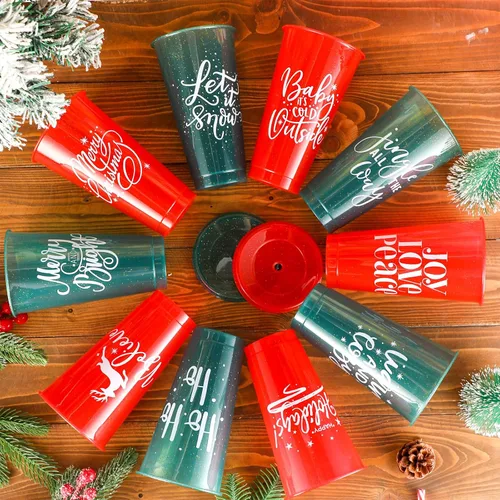 Vista 4 de Tioncy 50 vasos de plástico de Navidad con tapas y popote a granel, vasos de plástico de Navidad reutilizables de 25 onzas, tazas de Navidad