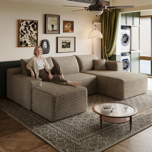 Vista 38 de Sofá modular en forma de L de 96 pulgadas con diván, moderno y cómodo sofá de pana para sala de estar, sofá de espuma viscoelástica, no requiere