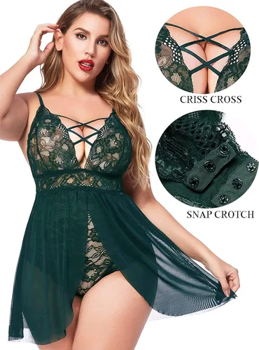 Vista 2 de Avidlove Conjunto de ropa de dormir de malla para lencería de talla grande color verde oscuro Verde oscuro