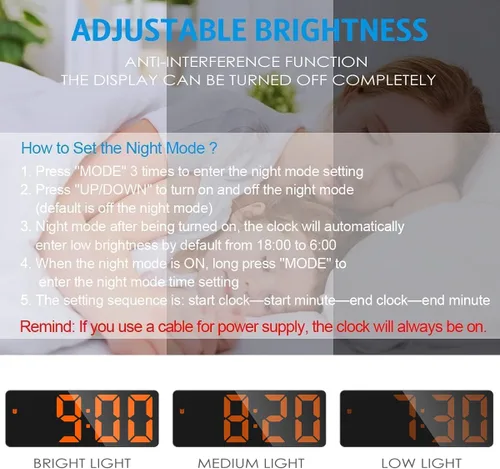 Vista 3 de AMIR Reloj despertador digital, reloj LED para dormitorio, reloj electrónico de escritorio con pantalla de temperatura, brillo ajustable, control