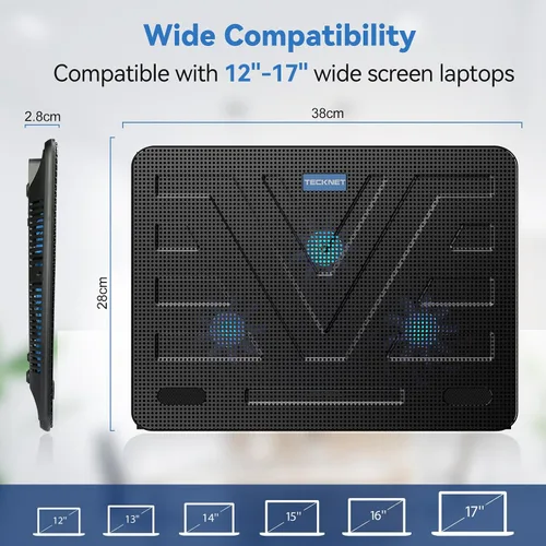 Vista 6 de TECKNET Almohadilla de enfriamiento para laptop, portátil, delgada, silenciosa, alimentada por USB, enfriador de almohadilla de enfriamiento con 3