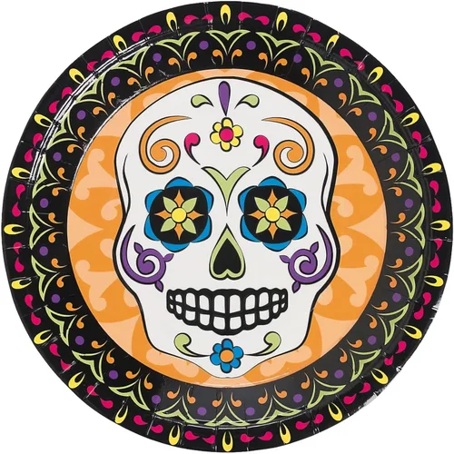 Vista 2 de Fun Express Día de los Muertos Platos de papel de calavera de azúcar – Platos de papel desechables con tema de calavera de azúcar – Vajilla