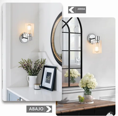 Vista 8 de Apliques de Pared de Baño de 2 Luces con Cristal Transparente, Luces de Pared de Baño Sobre Espejo, Luces de Tocador Cromadas con Base E26