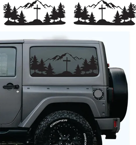 Vista 9 de Compatible con Jeep Wrangler JL (2 puertas) 2018-2023 Vinilos para ventanas precortados con bandera americana y escenas de montaña y bosque al aire