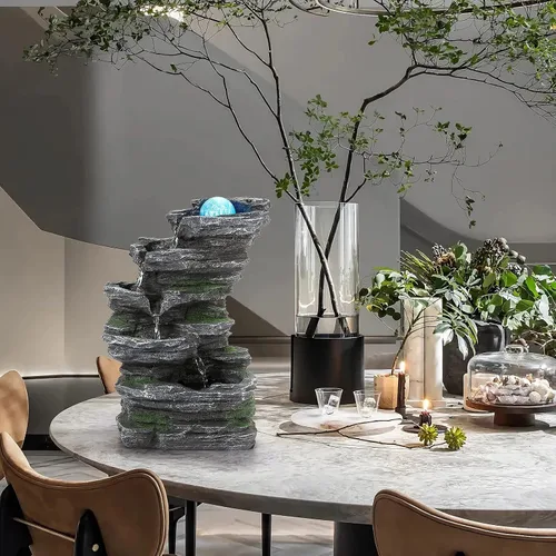 Vista 7 de WICHEMI Fuente de agua de mesa, fuente de agua para interiores con bola rodante LED, rocas apiladas, función de agua, meditación zen para decoración