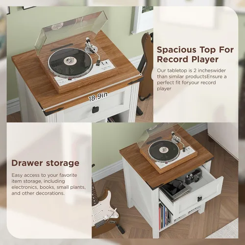 Vista 2 de Soporte para tocadiscos con almacenamiento de discos de vinilo, soporte para tocadiscos con estación de carga, soporte de madera para discos
