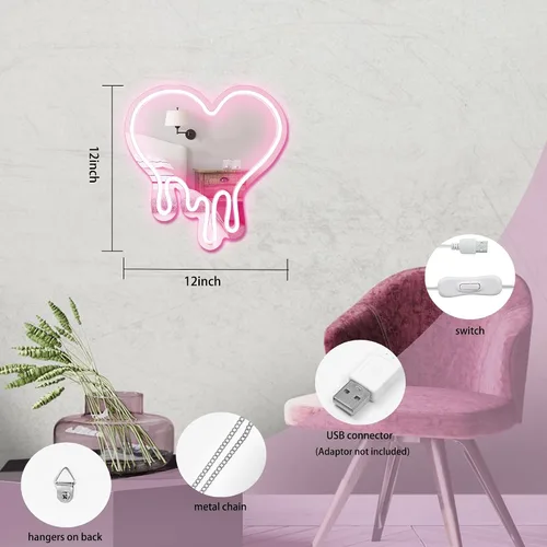 Vista 5 de DECANIT - Espejo de neón de corazón fundido rosa, decoración de pared LED alimentada por USB 12 x 12 in pink LED heart mirror decor, USB powered