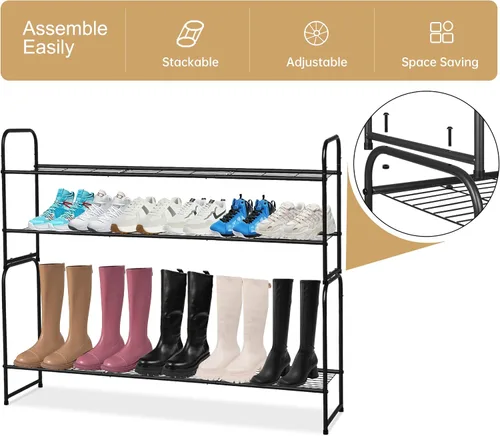 Vista 6 de KEETDY Organizador de zapatos largo de 2 niveles para armario, zapatero de metal para entrada, amplio estante apilable para zapatos con rejilla