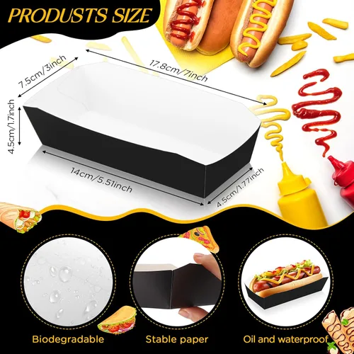 Vista 2 de Yeaqee 100 bandejas de papel de 7 pulgadas desechables para perros calientes, alimentos, nachos, botes para perros calientes, platos de comida Negro
