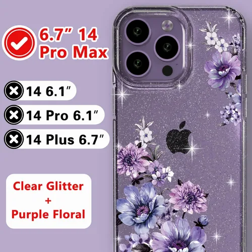 Vista 8 de OKP Funda 3 en 1 para iPhone 14 Pro Max, con protector de pantalla/protector de lente de cámara, bonito patrón floral, transparente, brillante