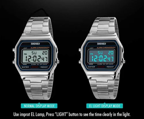 Vista 6 de Reloj digital para hombre, banda de acero inoxidable, resistente al agua, electrónico, cuadrado, LED, luz trasera, reloj de pulsera