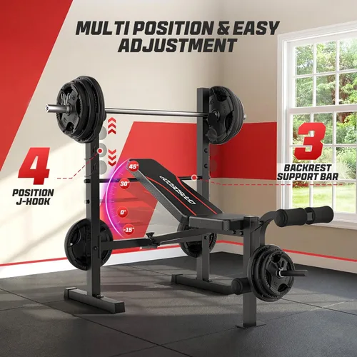 Vista 7 de OPPSDECOR Juego de banco de pesas, banco ajustable multifunción para press de banca con rack para sentadillas, extensión de piernas y curl