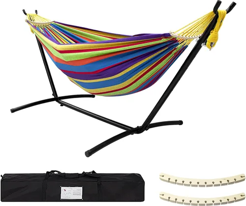 Vista 9 de SZHLUX Hamaca doble con soporte incluido, capacidad de 450 lb, soporte de acero, bolsa de transporte premium incluida. Cama de algodón
