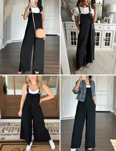 Vista 7 de Daacee Overol de lino suelto para mujer, cómodo, sin mangas, con tirantes ajustables, pierna ancha con bolsillos