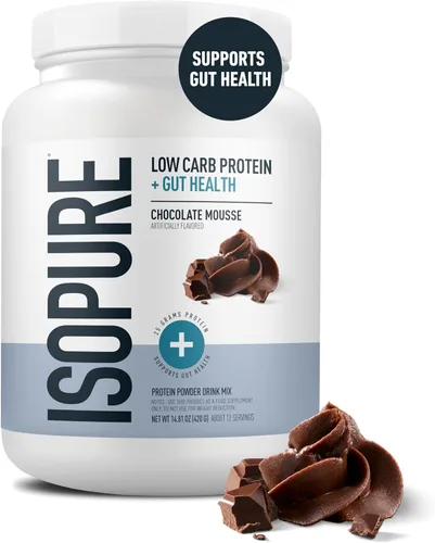 Vista 2 de Isopure Proteína + Polvo de salud intestinal y apoyo inmune, mousse de chocolate, 25g de proteína de suero con prebióticos y vitaminas, 12 porciones