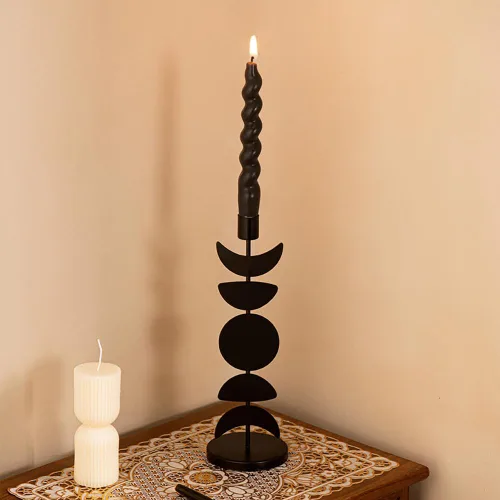 Vista 4 de Portavelas cónico de hierro, negro mate, portavelas alto con estrella y luna, soporte decorativo para velas para bodas, mesas de comedor, fiestas