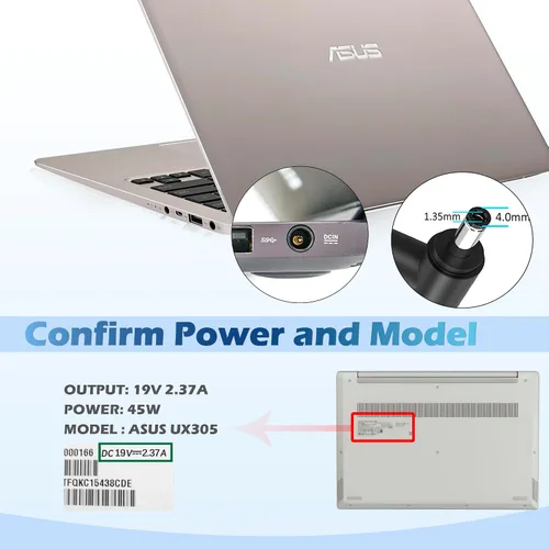 Vista 4 de 45W 19V 2.37A Adaptador de CA Cargador para portátil Cargador de repuesto para ASUS UX305 UX305L UX305F UX305C UX303U UX330 UX330U X331UA UX360C